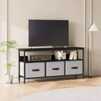 Mueble de TV negro de 55 pulgadas con cajones grises, centro de entretenimiento estilo cómoda para almacenamiento en sala de estar y dormitorio