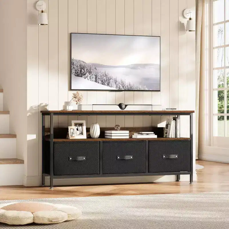 Mueble de TV negro de 55 pulgadas con cajones grises, centro de entretenimiento estilo cómoda para almacenamiento en sala de estar y dormitorio