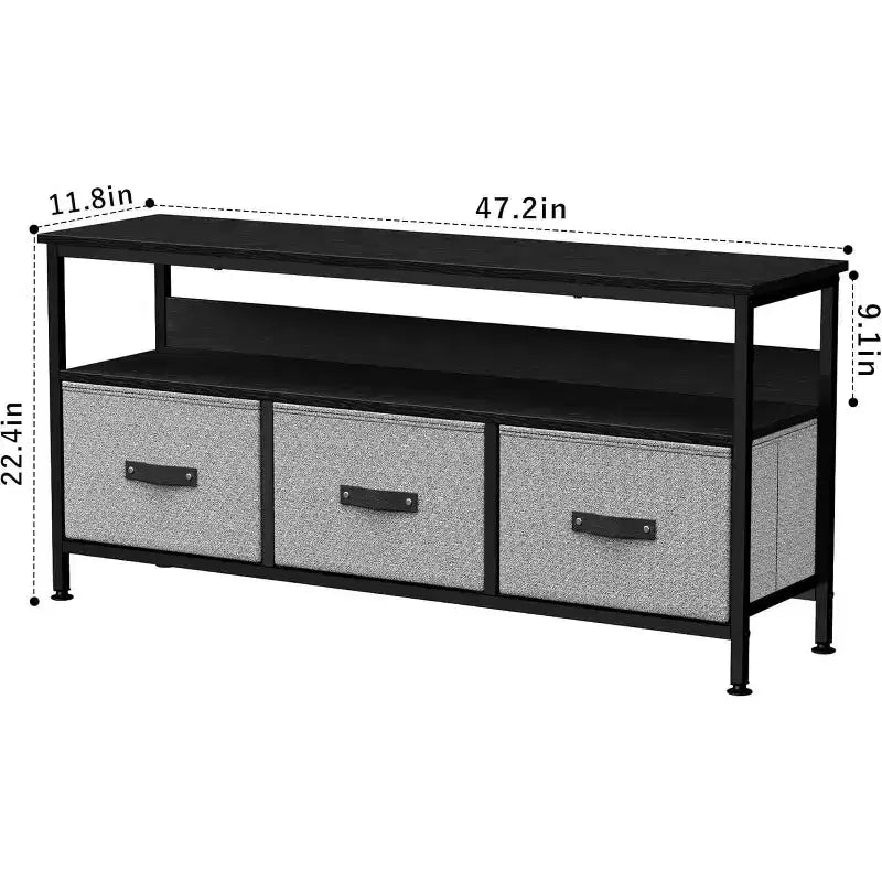 Mueble de TV negro de 55 pulgadas con cajones grises, centro de entretenimiento estilo cómoda para almacenamiento en sala de estar y dormitorio