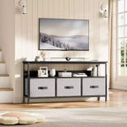 Mueble de TV negro de 55 pulgadas con cajones grises, centro de entretenimiento estilo cómoda para almacenamiento en sala de estar y dormitorio