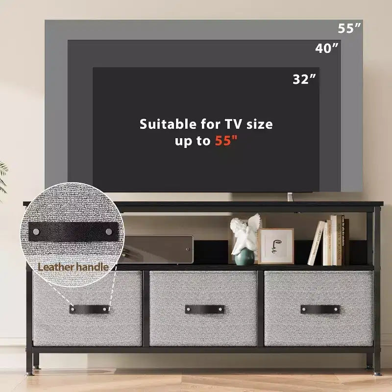 Mueble de TV negro de 55 pulgadas con cajones grises, centro de entretenimiento estilo cómoda para almacenamiento en sala de estar y dormitorio