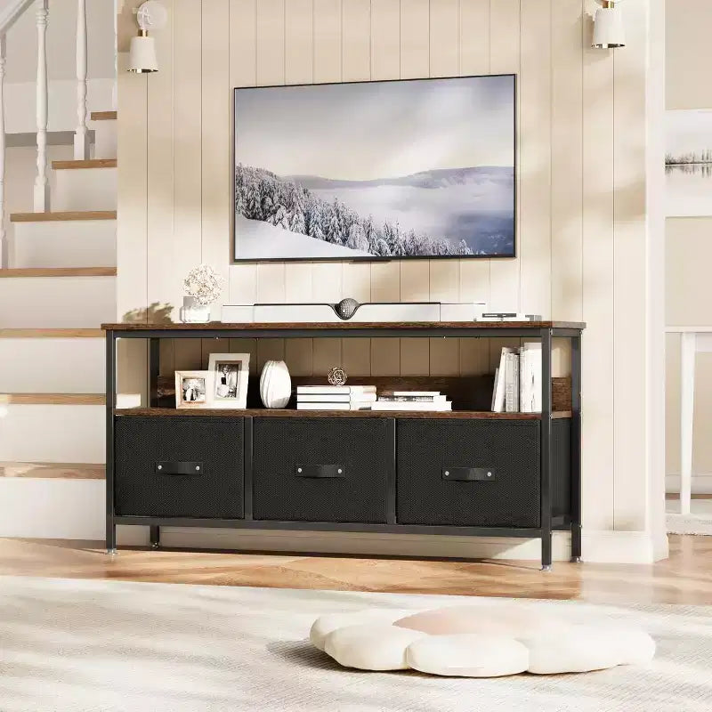 Mueble de TV negro de 55 pulgadas con cajones grises, centro de entretenimiento estilo cómoda para almacenamiento en sala de estar y dormitorio