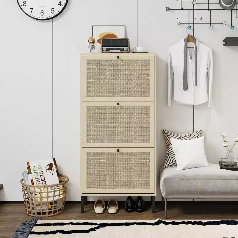Vatros Rattan 3 Door Shoe Rack Freestanding Modern Shoe Storage Cabinet