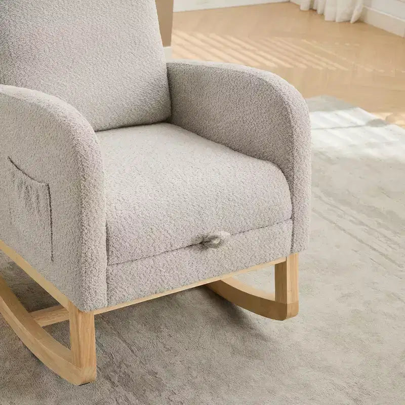 Okak Silla mecedora decorativa, silla de sala de estar con respaldo alto, sillón planeador con bolsillo lateral y reposapiés retráctil para dormitorio o guardería