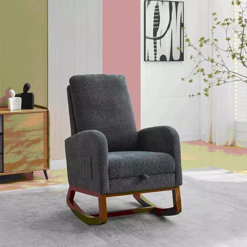 Okak Silla mecedora decorativa, silla de sala de estar con respaldo alto, sillón planeador con bolsillo lateral y reposapiés retráctil para dormitorio o guardería