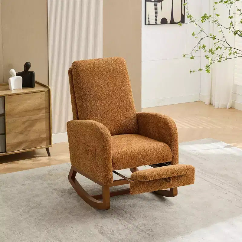 Okak Silla mecedora decorativa, silla de sala de estar con respaldo alto, sillón planeador con bolsillo lateral y reposapiés retráctil para dormitorio o guardería