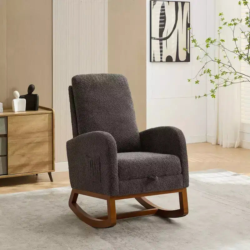 Okak Silla mecedora decorativa, silla de sala de estar con respaldo alto, sillón planeador con bolsillo lateral y reposapiés retráctil para dormitorio o guardería