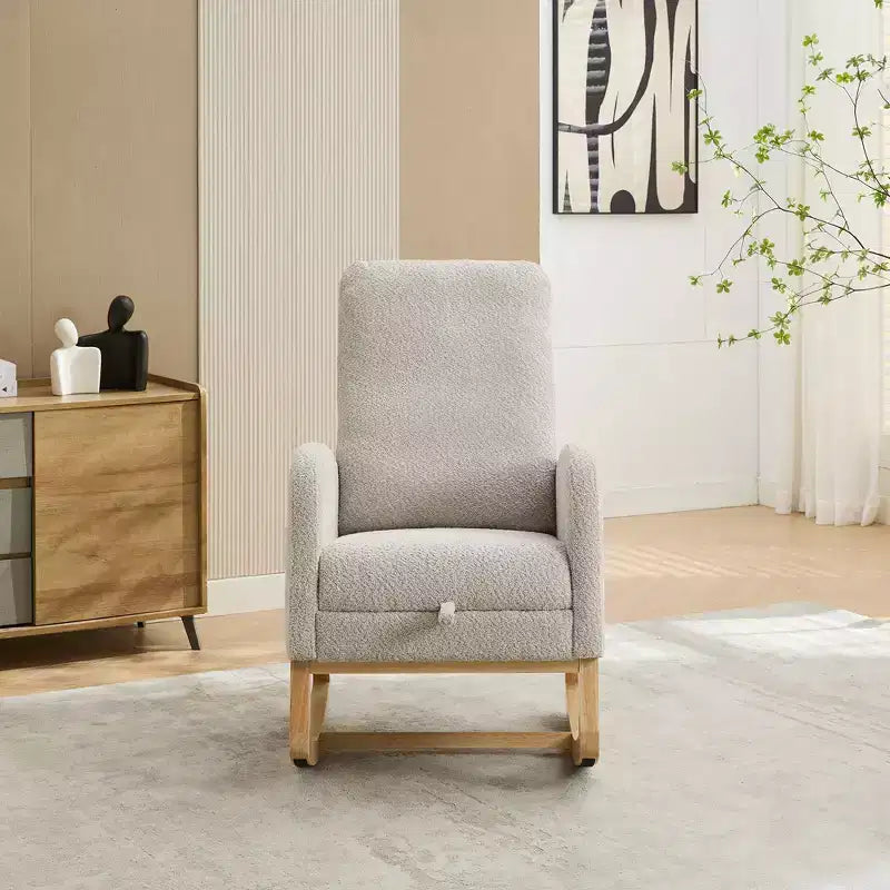 Okak Silla mecedora decorativa, silla de sala de estar con respaldo alto, sillón planeador con bolsillo lateral y reposapiés retráctil para dormitorio o guardería