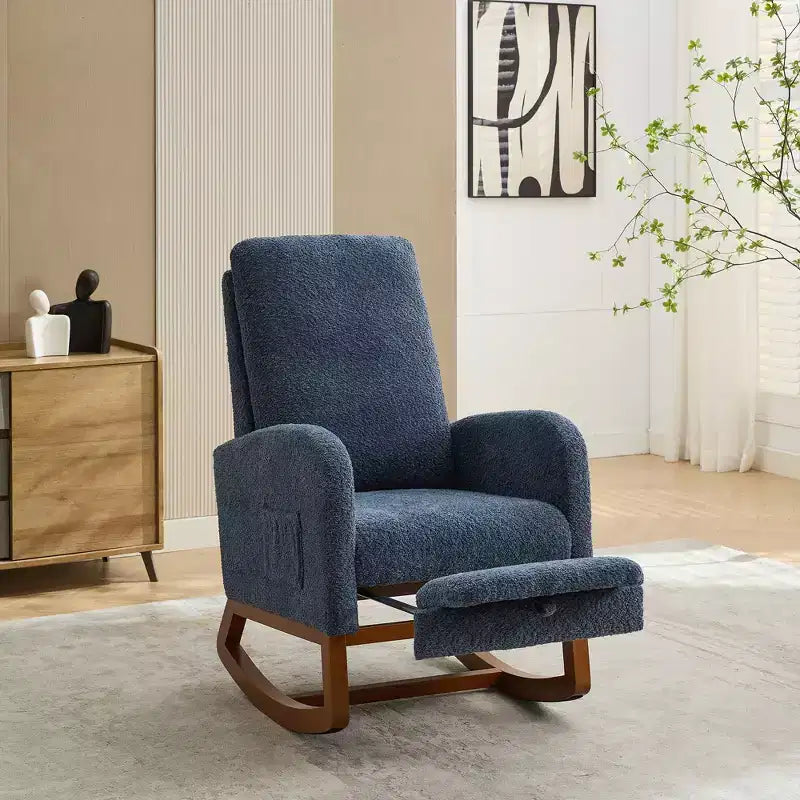 Okak Silla mecedora decorativa, silla de sala de estar con respaldo alto, sillón planeador con bolsillo lateral y reposapiés retráctil para dormitorio o guardería
