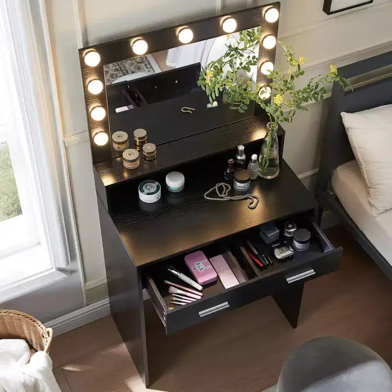 Tocador Okak de 2 niveles con luces táctiles, 3 niveles de brillo, cajón grande y mesa de maquillaje compacta para dormitorios pequeños