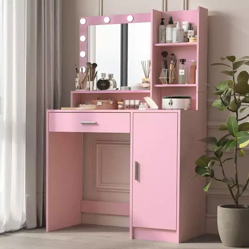Tocador Okak de 2 niveles con luces táctiles, 3 niveles de brillo, cajón grande y mesa de maquillaje compacta para dormitorios pequeños