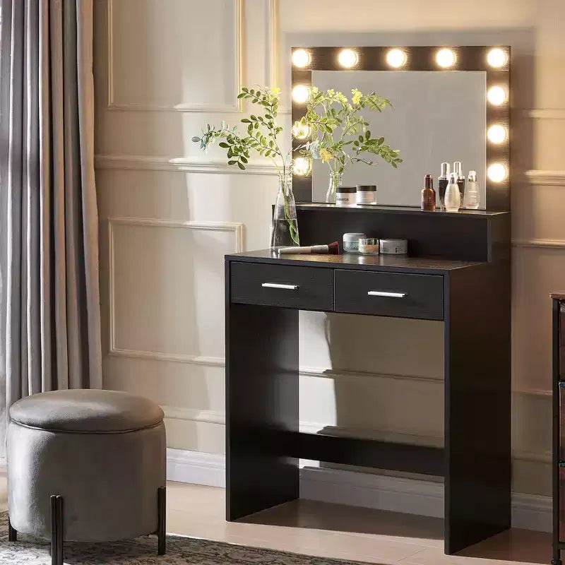 Tocador Okak de 2 niveles con luces táctiles, 3 niveles de brillo, cajón grande y mesa de maquillaje compacta para dormitorios pequeños