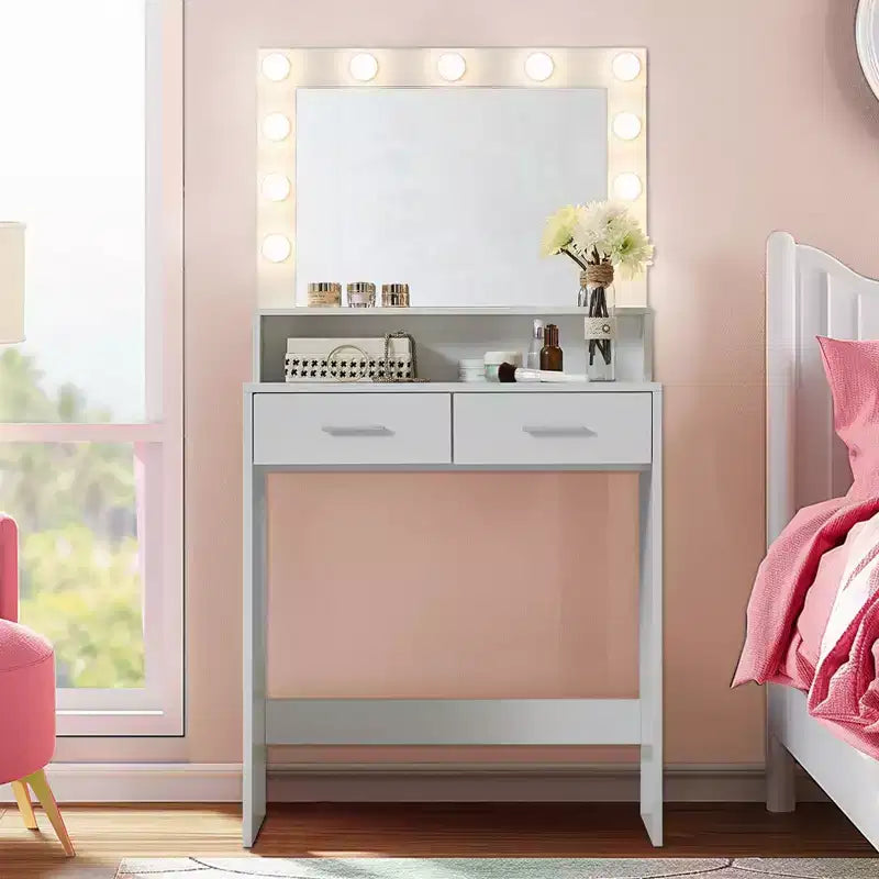 Tocador Okak de 2 niveles con luces táctiles, 3 niveles de brillo, cajón grande y mesa de maquillaje compacta para dormitorios pequeños