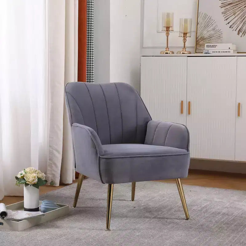 Sillón moderno de terciopelo Okak, silla de sala de estar con tapicería, sillón elegante de mediados de siglo con patas de madera dorada para sala de lectura o dormitorio
