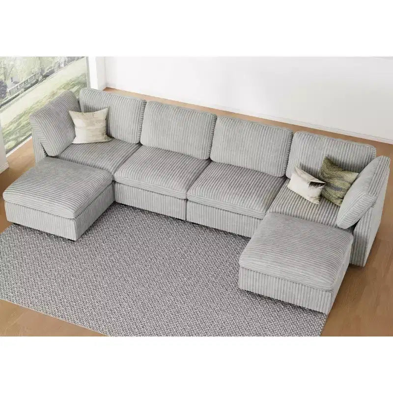 Sofá seccional de pana Belffin en forma de U y 6 plazas - Sofá modular con puf de almacenaje y diseño convertible