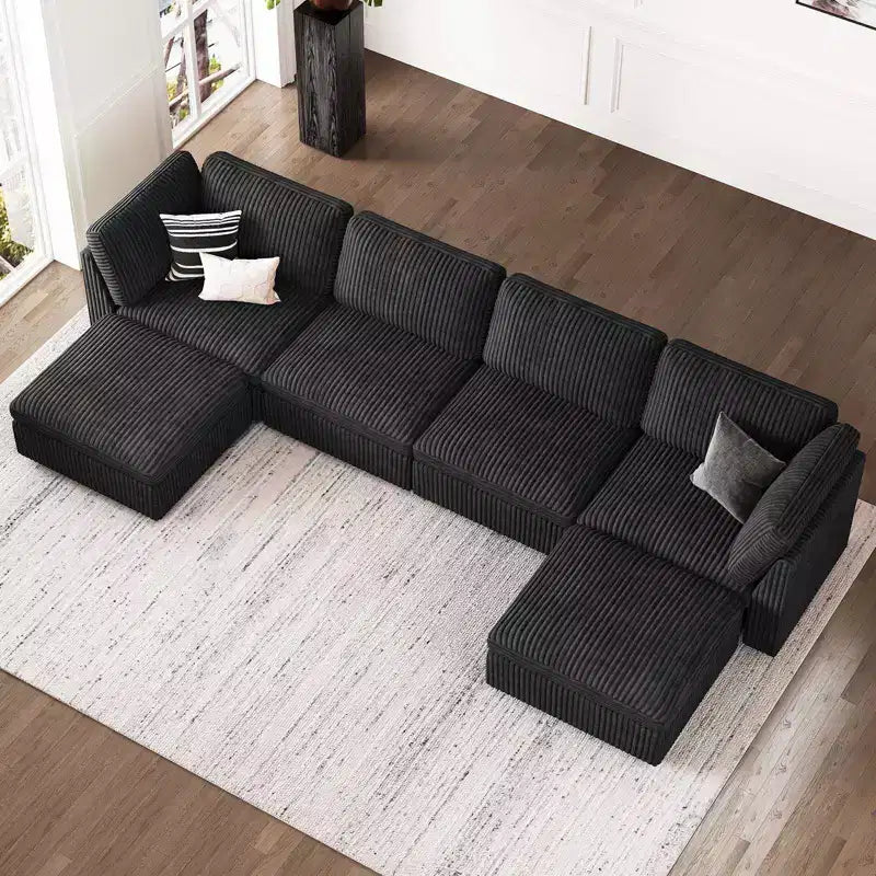Sofá seccional de pana Belffin en forma de U y 6 plazas - Sofá modular con puf de almacenaje y diseño convertible