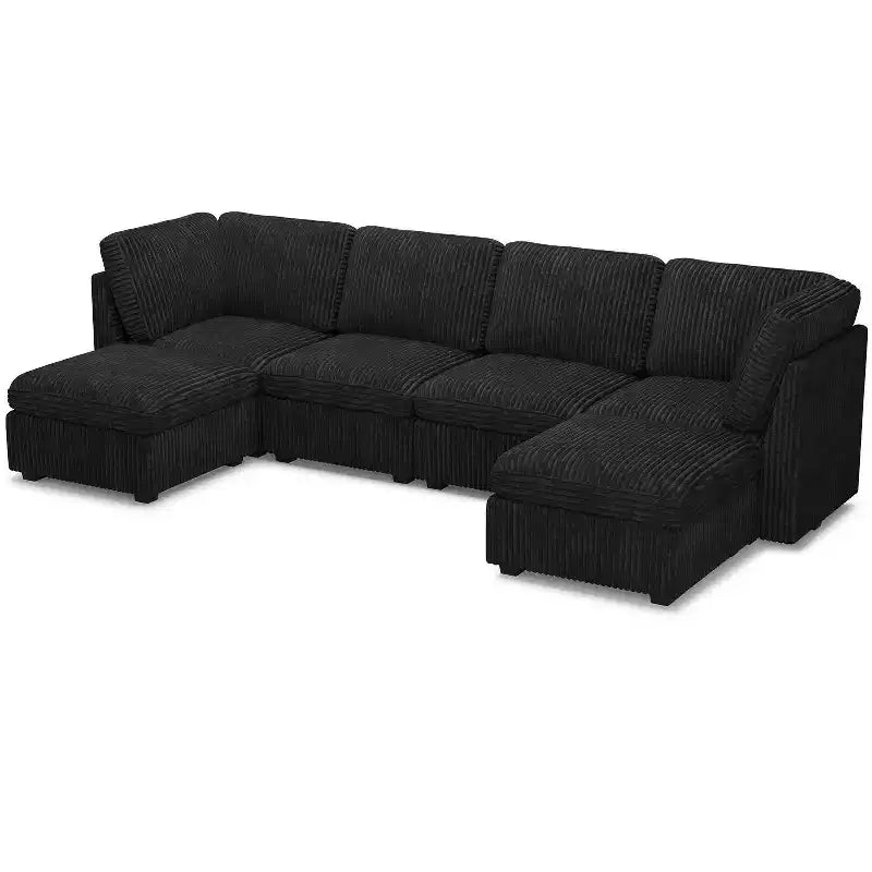 Sofá seccional de pana Belffin en forma de U y 6 plazas - Sofá modular con puf de almacenaje y diseño convertible