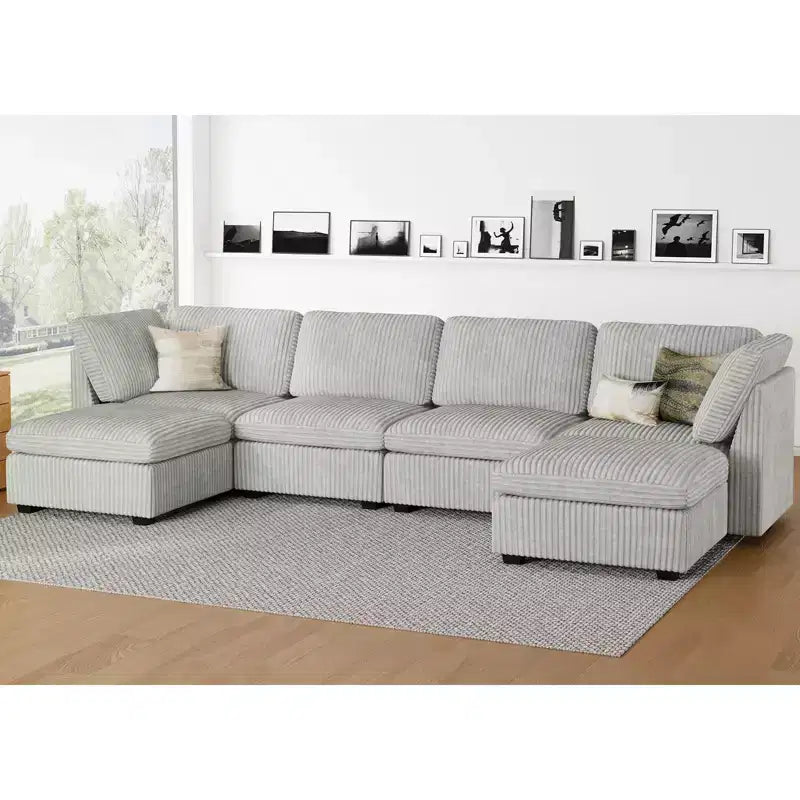 Sofá seccional de pana Belffin en forma de U y 6 plazas - Sofá modular con puf de almacenaje y diseño convertible
