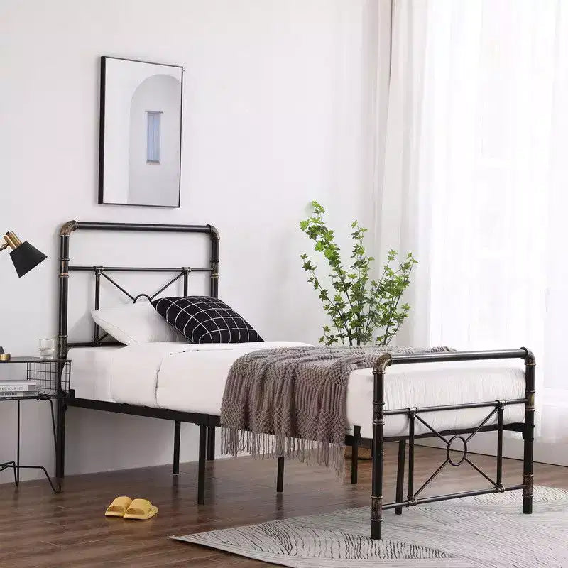 Karl Home Base de cama de hierro moderna tamaño twin con diseño de tubería de agua y diseño de cruz