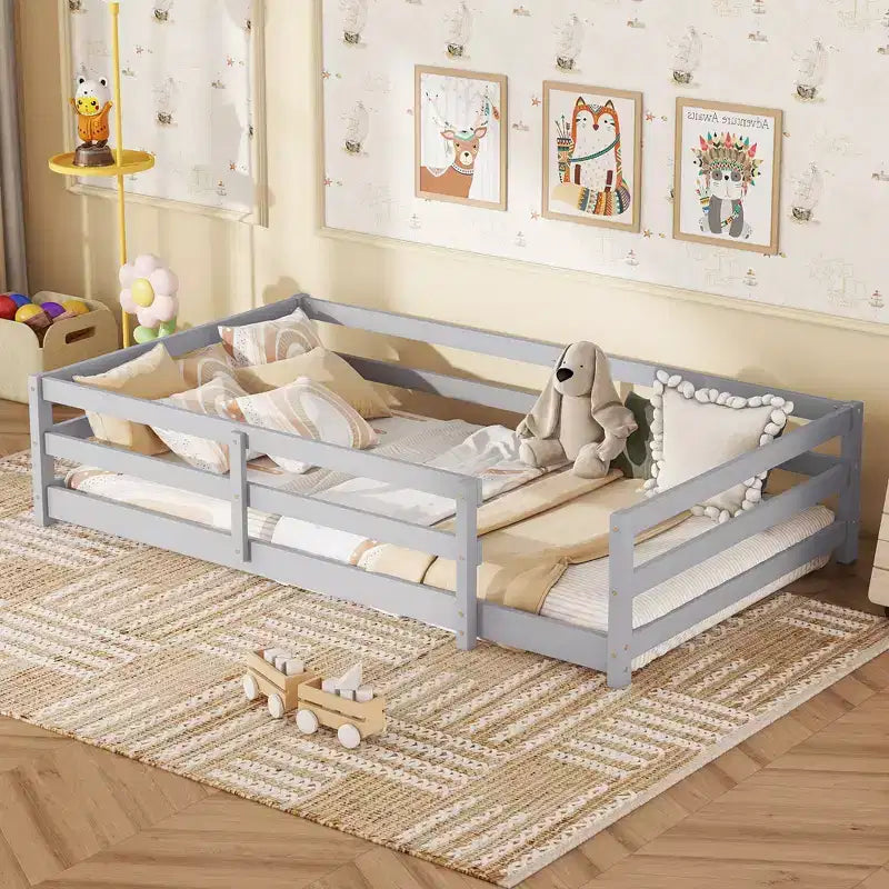 Cama Okak con Marco Individual/Matrimonial, Cama Moderna de Perfil Bajo para Niños Pequeños con Barandales de Seguridad, Marco de Madera Maciza para Dormitorio Infantil