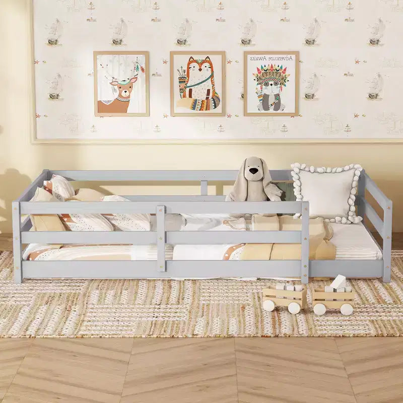 Cama Okak con Marco Individual/Matrimonial, Cama Moderna de Perfil Bajo para Niños Pequeños con Barandales de Seguridad, Marco de Madera Maciza para Dormitorio Infantil