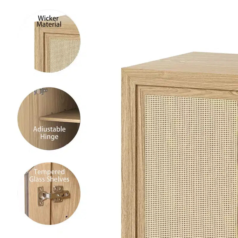 Armario aparador con vetas de madera de 31x31x16, organizador de almacenamiento con estantes ajustables y puertas de ratán para cocina, dormitorio, sala de estar/comedor