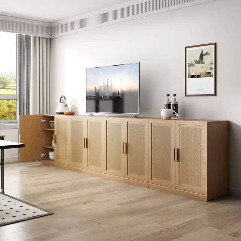 Armario aparador con vetas de madera de 31x31x16, organizador de almacenamiento con estantes ajustables y puertas de ratán para cocina, dormitorio, sala de estar/comedor