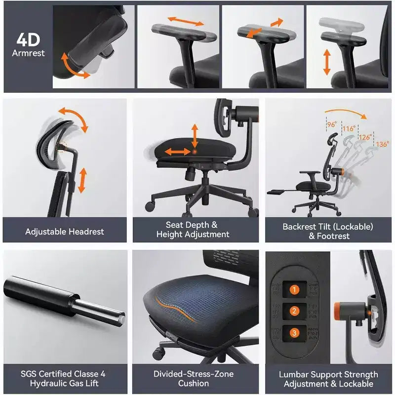 Silla ergonómica Newtral MagicH-BP con reposapiés - Silla de oficina en casa con soporte lumbar de seguimiento automático, reposabrazos 4D, profundidad y altura del asiento ajustables
