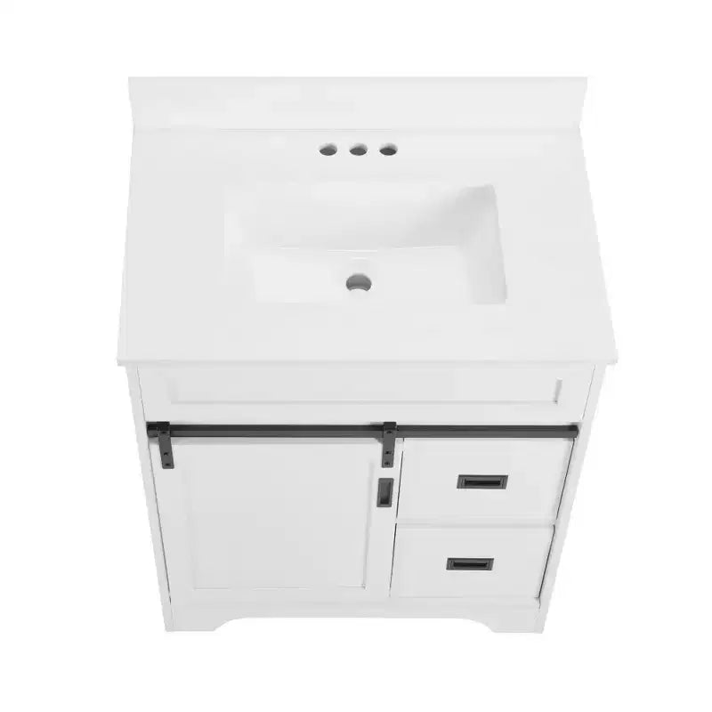 Bestier 30 Tocador de baño blanco estilo rústico con puertas correderas de granero, 2 cajones, tocador independiente con protección contra salpicaduras