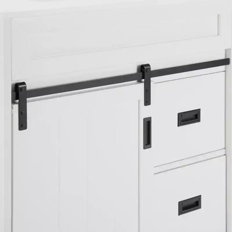 Bestier 30 Tocador de baño blanco estilo rústico con puertas correderas de granero, 2 cajones, tocador independiente con protección contra salpicaduras