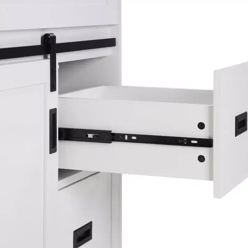 Bestier 30 Tocador de baño blanco estilo rústico con puertas correderas de granero, 2 cajones, tocador independiente con protección contra salpicaduras