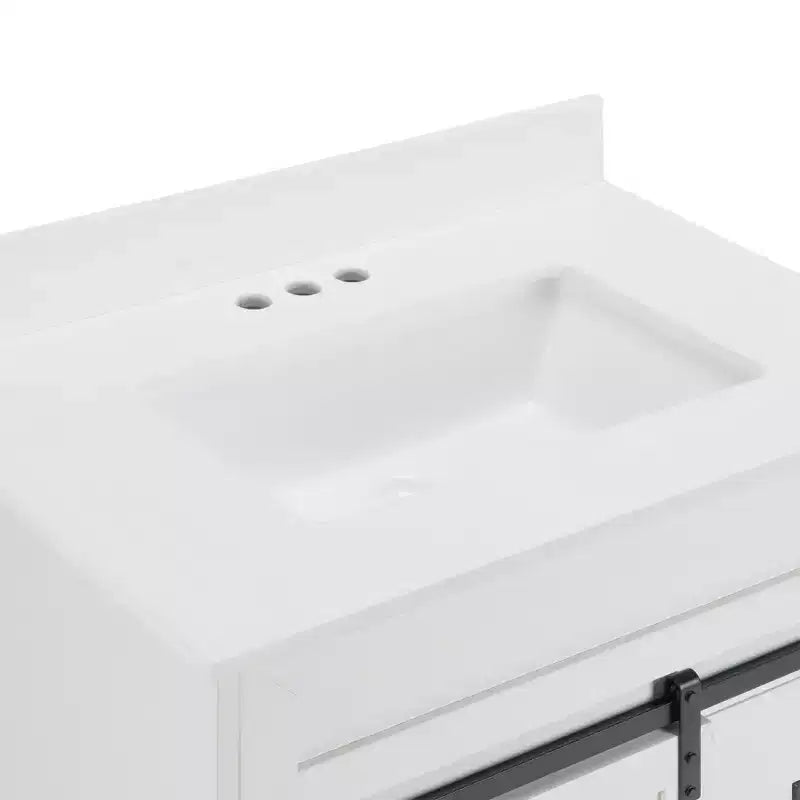 Bestier 30 Tocador de baño blanco estilo rústico con puertas correderas de granero, 2 cajones, tocador independiente con protección contra salpicaduras