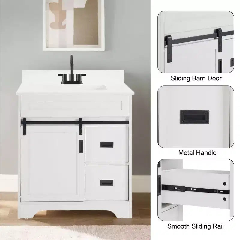 Bestier 30 Tocador de baño blanco estilo rústico con puertas correderas de granero, 2 cajones, tocador independiente con protección contra salpicaduras