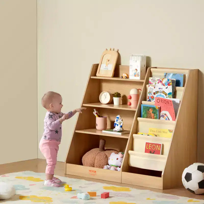 VEVOR Estantería de madera de 4 niveles para niños, librería de seis capas con cabestrillo, estante de almacenamiento de libros para bebés, armario organizador de juguetes de libros, para habitación de niños, sala de juegos