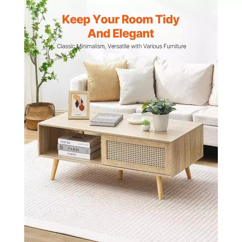 Mesa de centro de ratán VEVOR, mesa de centro moderna de mediados de siglo, mesa de centro rectangular de madera, mesa de centro moderna de estilo bohemio de dos niveles y almacenamiento de 42 pulgadas