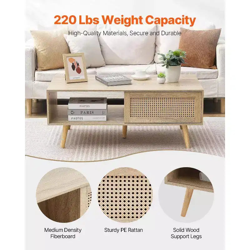 Mesa de centro de ratán VEVOR, mesa de centro moderna de mediados de siglo, mesa de centro rectangular de madera, mesa de centro moderna de estilo bohemio de dos niveles y almacenamiento de 42 pulgadas