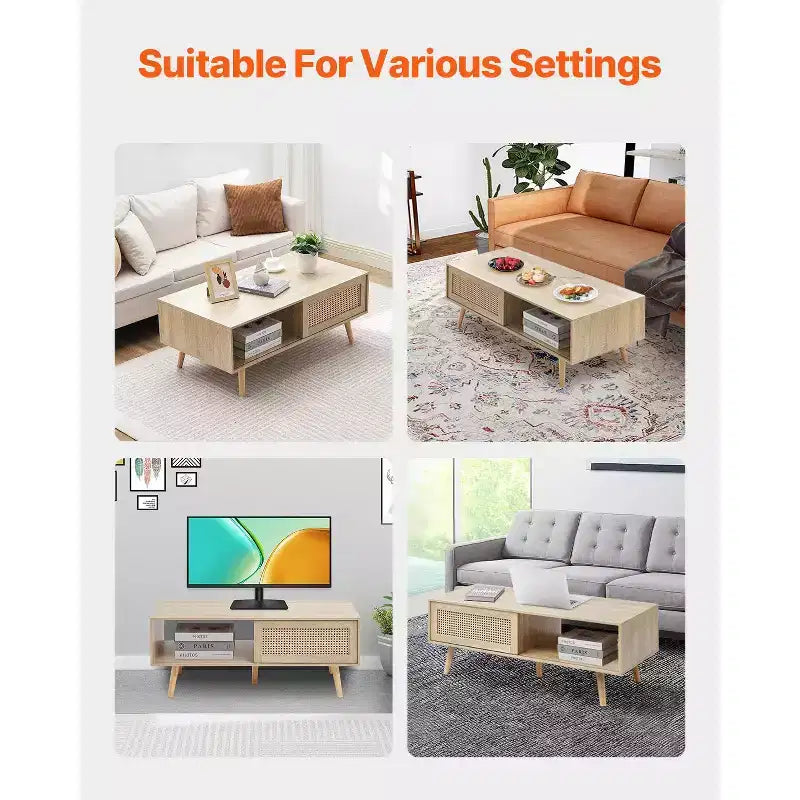 Mesa de centro de ratán VEVOR, mesa de centro moderna de mediados de siglo, mesa de centro rectangular de madera, mesa de centro moderna de estilo bohemio de dos niveles y almacenamiento de 42 pulgadas