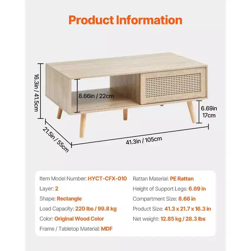 Mesa de centro de ratán VEVOR, mesa de centro moderna de mediados de siglo, mesa de centro rectangular de madera, mesa de centro moderna de estilo bohemio de dos niveles y almacenamiento de 42 pulgadas