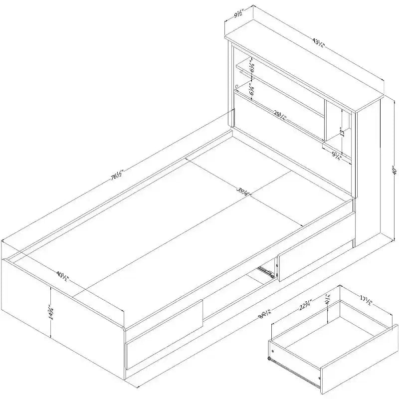 HomeStock Cama individual de 101,6 cm de alto, blanca, con estantería y marco de cama de aglomerado