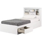 HomeStock Cama individual de 101,6 cm de alto, blanca, con estantería y marco de cama de aglomerado