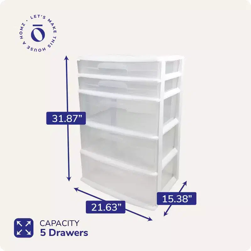 Torre de almacenamiento y organización de plástico extra ancha Homz con 5 cajones transparentes para el hogar, la oficina, el aula, manualidades, artículos de arte y ropa, marco blanco