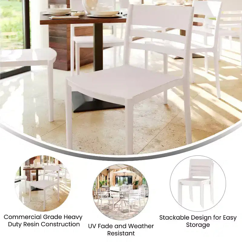 Flash Furniture Bridgeport - Juego de 2 sillas apilables para patio, para interior y exterior, con respaldo de listones, silla de resina comercial para todo tipo de clima