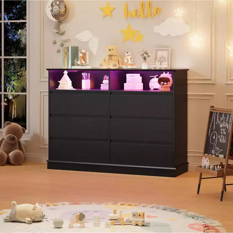 Cómoda blanca para dormitorio, cómoda de 6 cajones con luces LED y estación de carga, para sala de estar, pasillo