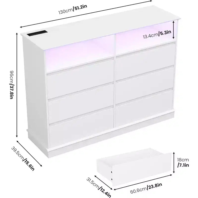 Cómoda blanca para dormitorio, cómoda de 6 cajones con luces LED y estación de carga, para sala de estar, pasillo