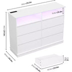 Cómoda blanca para dormitorio, cómoda de 6 cajones con luces LED y estación de carga, para sala de estar, pasillo