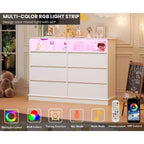 Cómoda blanca para dormitorio, cómoda de 6 cajones con luces LED y estación de carga, para sala de estar, pasillo