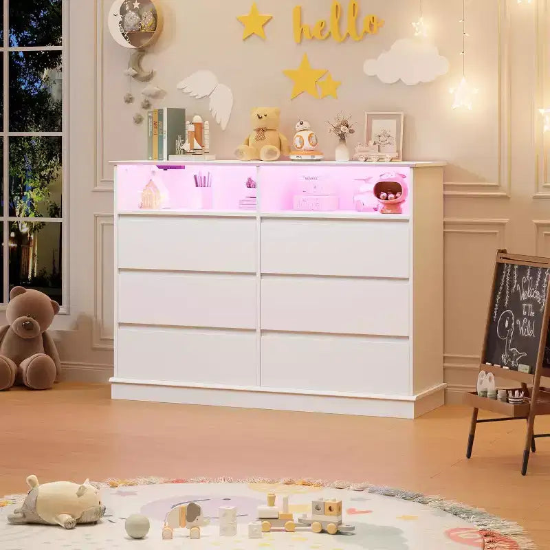 Cómoda blanca para dormitorio, cómoda de 6 cajones con luces LED y estación de carga, para sala de estar, pasillo