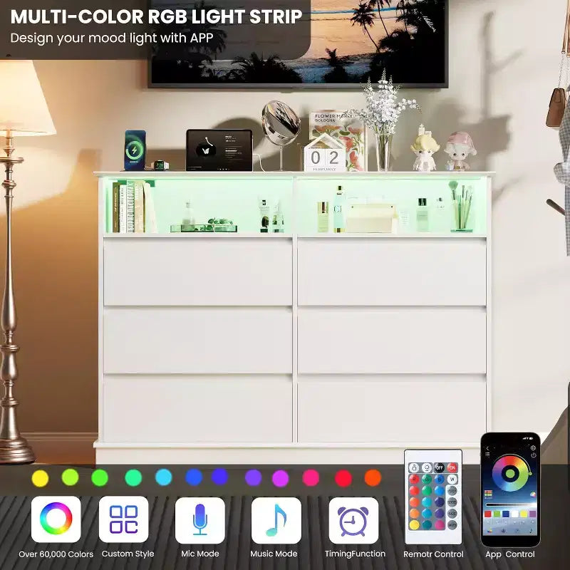 Cómoda blanca para dormitorio, cómoda de 6 cajones con luces LED y estación de carga, para sala de estar, pasillo