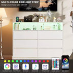 Cómoda blanca para dormitorio, cómoda de 6 cajones con luces LED y estación de carga, para sala de estar, pasillo