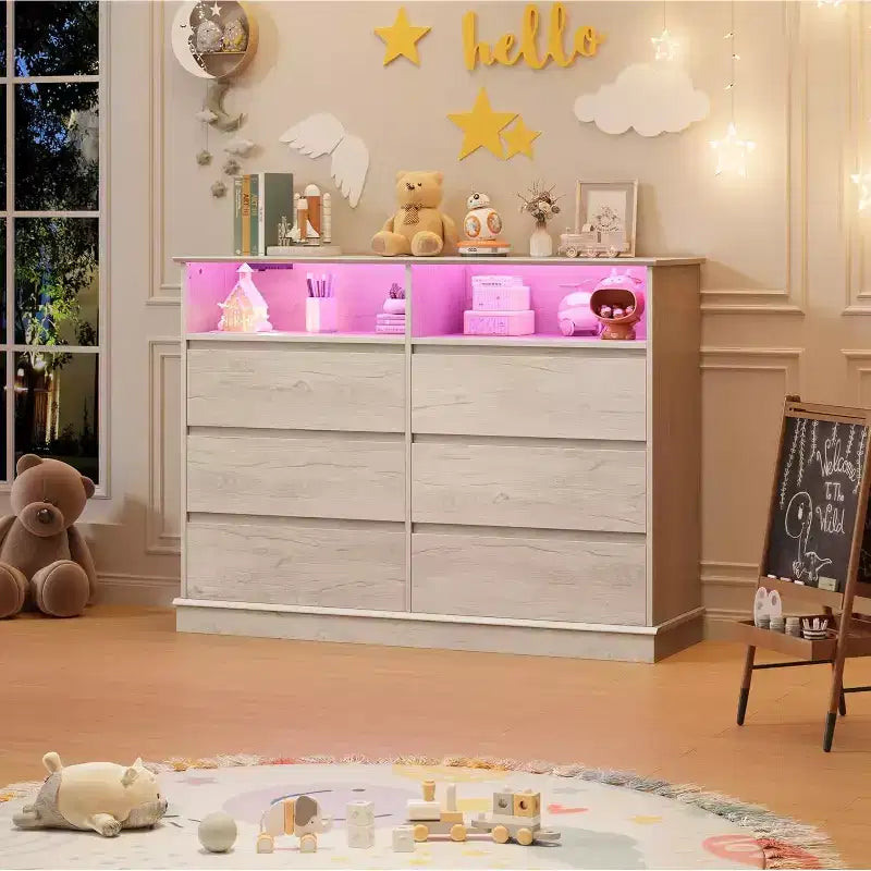Cómoda blanca para dormitorio, cómoda de 6 cajones con luces LED y estación de carga, para sala de estar, pasillo